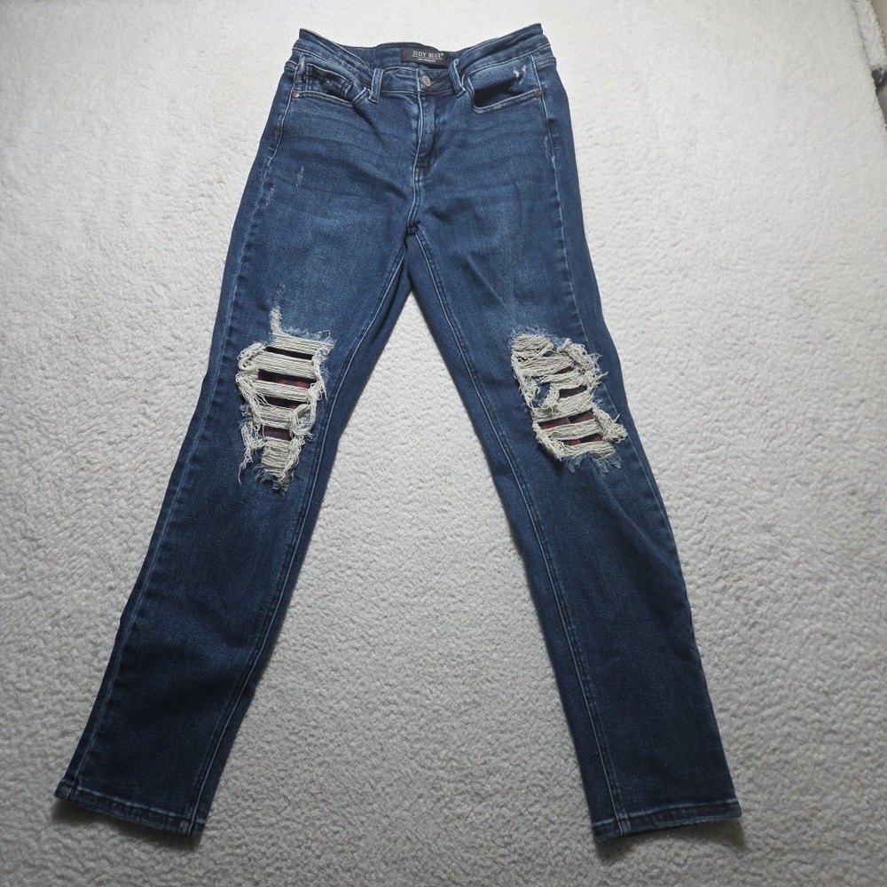 Judy Blue Jeans Womens 5/27 Blue Stretch‎ Mid Rise Flannel Pocket Distressed